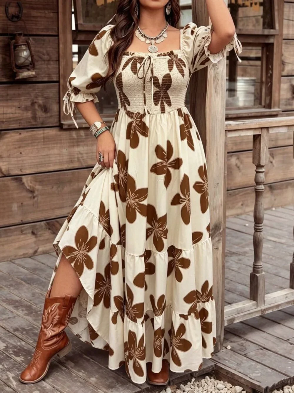 Multicolor Boho Women's Plus Size off shoulder Floral Short Sleeve maxi Dress - Picture 4 of 5